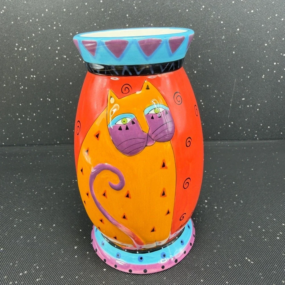 Laurel Burch for Ganz Ceramic Cat Vase Red Orange Whimsical Art BC8025 6in